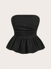 Muchica 女式花卉提花抹胸短款上衣 - 黑色 - 查看 1