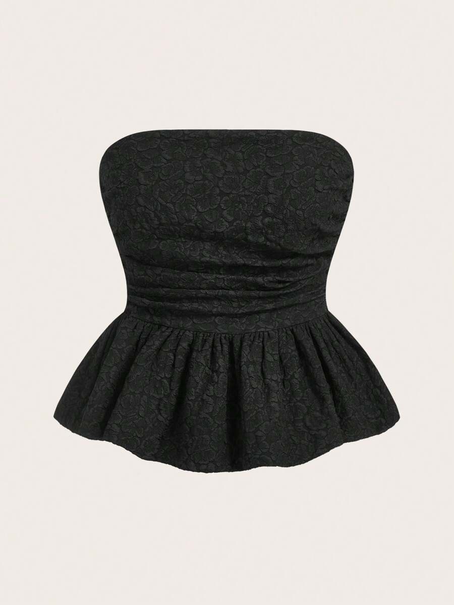 Muchica 女式花卉提花抹胸短款上衣 - 黑色 - 查看 1