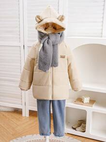 SHEIN Girls' Casual Loose Hooded Long Padded Windproof Insulation Jacket, Winter - Apricot - View 3