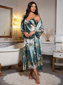 LuxeNights 2pcs Floral Print Faux Silk Cami Sleep Dress And Belted Robe Set, Fall Winter Clothes - Multicolor - View 5