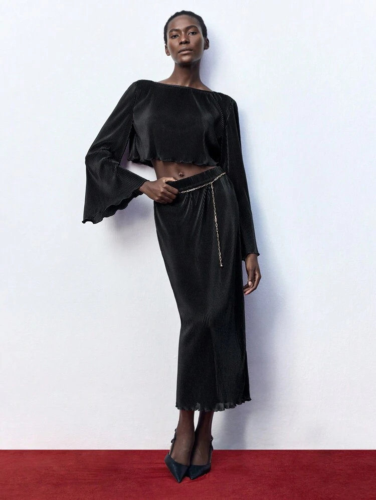 SHEIN Maija 2pcs Women's Autumn Round Neck Flared Sleeve Crop Top And Skirt Elegant Set