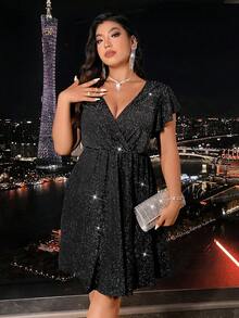 Plus Size V-Neck Ruffle Pleated Simple Short Casual Dress - Black - View 7