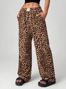 SHEIN EZwear 豹纹编织阔腿街头风格女裤 - 卡其色 - 查看 4