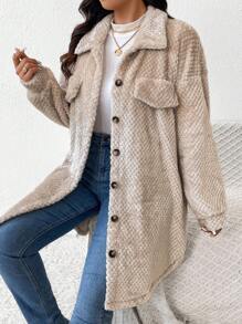 SHEIN Frenchy Áo khoác dệt kim họa tiết dài đến đầu gối cỡ lớn cho nữ - Màu be - Xem 6