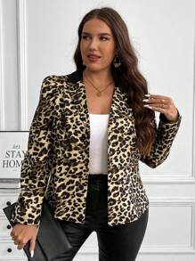 Flirla Plus Size Leopard Print Puff Sleeves Jacket For Autumn Fall Cloth For Women - Multicolor - View 6