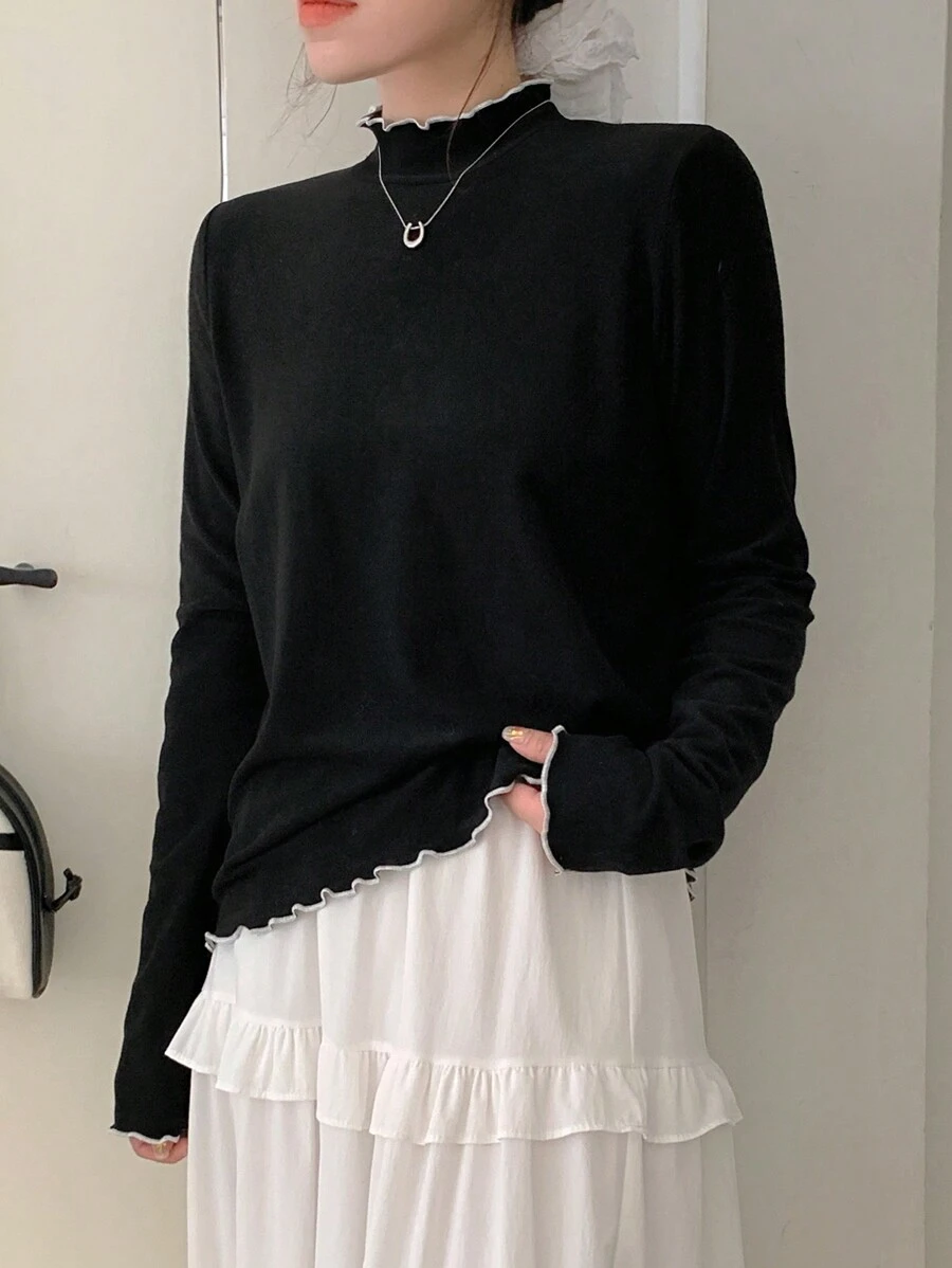 DAZY Women's Turtleneck Lace Trim Solid Color Long Sleeve Undershirt,Fall Clothes