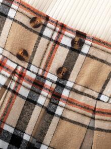 2pcs/Set Young Girl School Uniform Outfits, Including Collared Knit Long Sleeve Sweater With Bow Accent And Plaid Skirt, Fall/Winter Plaid Skirt Set - Apricot - View 5