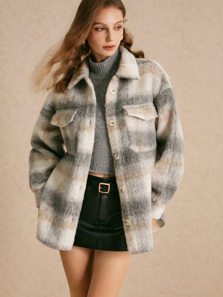 Poéselle 女士格纹工装口袋休闲夹克，适合秋冬，羊毛法兰绒大衣，夹克，冬季服装，轻松时尚必备，FW24 - 灰色 - 查看 1