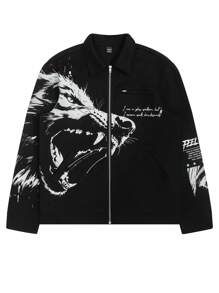 Manfinity EMRG Men's Front Zip Animal Print Long Sleeve Casual Jacket, Going Out Zipper Wolf Graphic Long Sleeve Jacket, For Friends, Husband, Boyfriend Gifts - Black - View 3