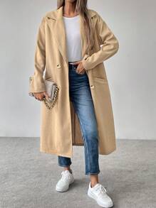 SHEIN LUNE 女式纯色翻领落肩长袖休闲双排扣口袋羊毛大衣，秋冬款 - 駝色 - 查看 4