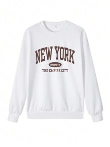 女式秋冬纽约口号图案长袖圆领运动衫，休闲宽松百搭假日风格上衣，时尚秋季女装，适合日常穿着