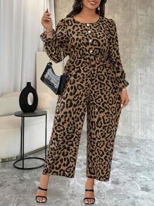 Flirla Plus Size Kvinnor Leopard Print Crew Neck Dragsko Jumpsuit - Kaffebrun - Visa 6