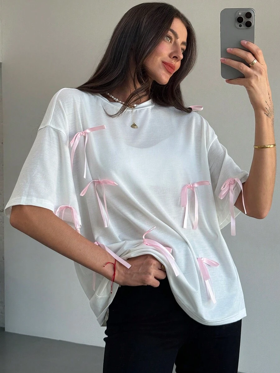 Aloruh Romantic Y2K Style Loose Fit Bow Neck Short Sleeve White T-Shirt For Women