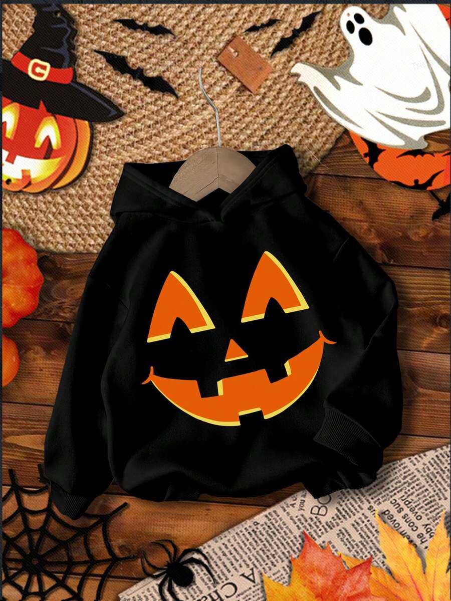 SHEIN 男宝宝休闲简约万圣节图案宽松长袖连帽厚毛衣，适合秋冬季 - 黑色 - 查看 1