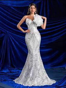 Glamrae 优雅奢华的白色筒形 V 领胸罩可拆卸立体花卉鱼尾造型超长拖尾多功能适合所有正式场合重工业晚宴婚纱、舞会晚礼服、婚礼宾客礼服、毕业派对礼服 - 白色 - 查看 6