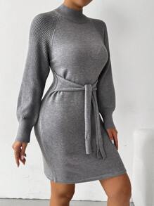 SHEIN Clasi 纯色立领扭纹细节长袖毛衣连衣裙 - 灰色 - 查看 3