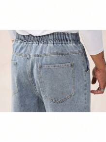 Men's Slant Pocket Drawstring Elastic Waist Washed Denim Jeans - Light Wash - View 9