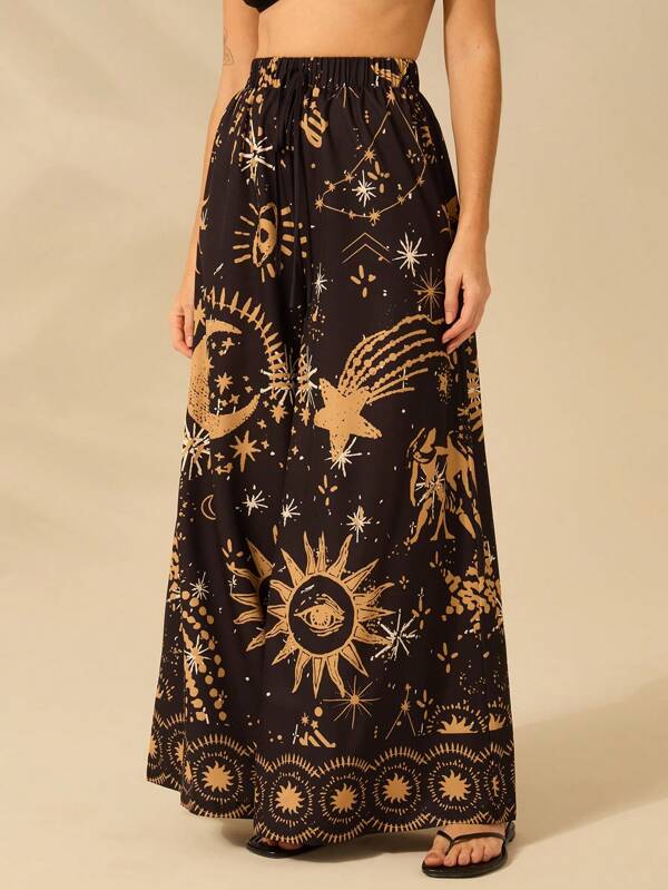 CAJUNI Vacanță pentru femei, tropicale, boho, talie elastică, modă largi, modele soare, lună și ochi al diavolului, pantaloni palazzo imprimați, pantaloni casual de vară pentru plajă