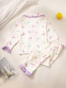 2 件套少女杏色人造丝蝴蝶结丝带印花长袖开衫和长裤休闲舒适睡衣度假旅行休闲夏装 - 杏色 - 查看 2