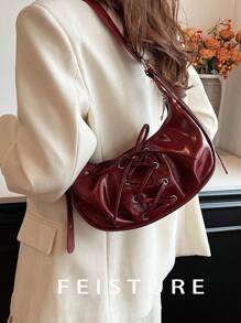 1 件 FEISTURE 纯色 PU 蝴蝶结新月单肩包，配有可调节肩带，适合女孩、女士、大学生、办公室女士和专业人士，非常适合工作、商务、通勤、学校 - 紅色 - 查看 9