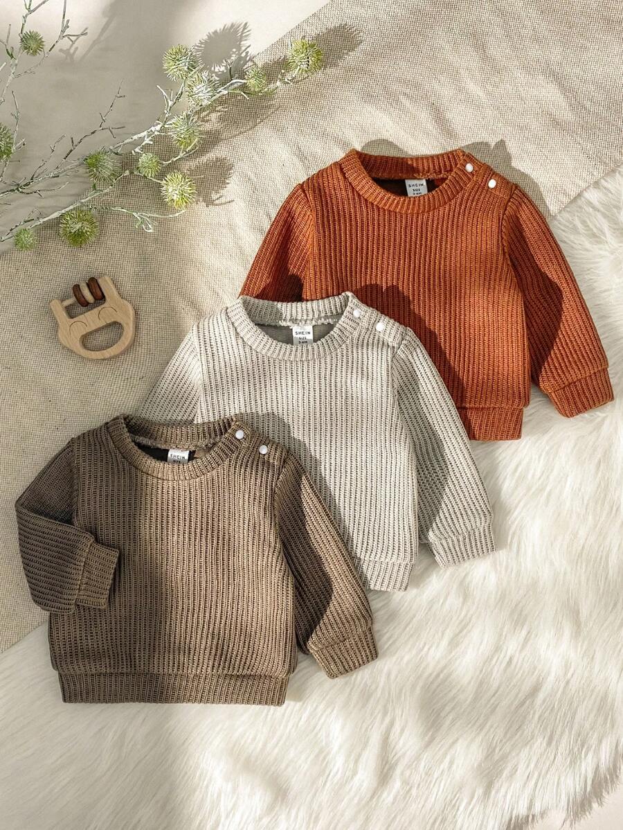 SHEIN Vintaside Kids 男婴休闲宽松圆领长袖露肩毛衣，秋冬 - 彩色 - 查看 1