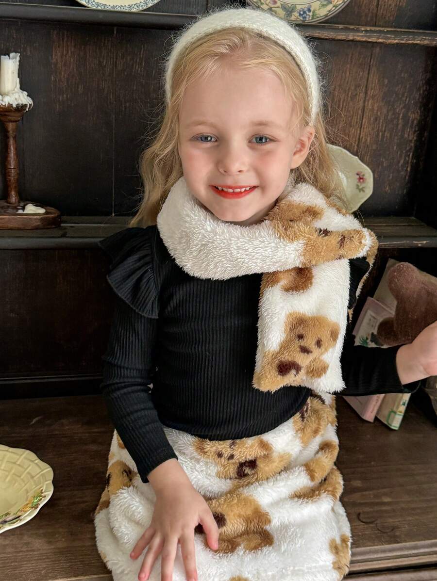 SHEIN LMoss Kids LMoss 2pcs Set: Knit Plain Round Neck Ruffle Trim Casual T-Shirt And Woven Fleece Skirt With Scarf For Young Girls