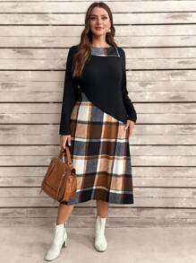 Plus Size Women's Solid Color & Plaid Patchwork Long Sleeve Dress - Multicolor - View 6