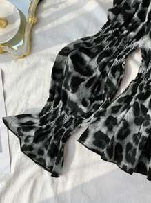 Franclia Women's Fall Off Shoulder Lantern Sleeve Ruched Leopard Print Blouse Women Shirt - Light Grey - View 6