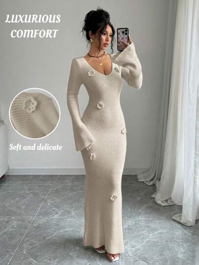 Selianne Women's Floral 3D Embroidery Fitted Dress, Elegant V-Neck Sexy Solid Color Knit Sweater Dress For Holiday Party Fall Winter Cloth For Women