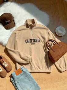 Comfortcana Apricot Slogan Print Fuzzy Pullover Sweatshirt For Women, School - Khaki - View 6