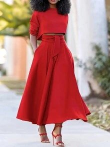 女式纯色圆领长袖上衣和口袋裙两件套，休闲装 - 紅色 - 查看 3