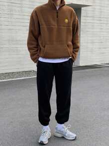 DAZY Sudadera con capucha de manga larga mullida con cremallera y parche de unicolor para hombre, otoño e invierno