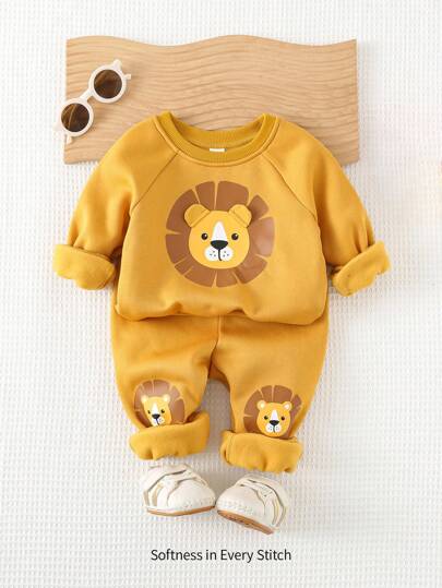 Cozy Pixies 2pcs/Set Baby Boy Lion Pattern Round Collar Long Sleeve Hoodie And Drawstring Pants Set