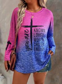 Plus Size Ronde Hals Lange Mouw Ombre Letter Print T-shirt, Casual Dagelijkse Kleding Grafische T-shirts Dames Tops Voor Lente Outfit