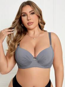 1pc Minimalist Lace Patchwork Padded Underwire Brassiere, Plus Size Women Lingerie - Grey - View 6
