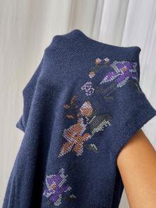 SHEIN LUNE Áo len cardigan dài tay họa tiết hoa cỡ lớn cho nữ, mùa thu/đông - Màu xanh hải quân - Xem 5