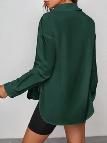 SHEIN Áo sơ mi dài tay trễ vai màu trơn buộc dây bên hông thường ngày cho bà bầu, mùa xuân và mùa hè, dành cho bà bầu - Màu xanh lá cây đậm - Xem 2