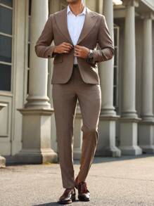 Manfinity Bizformal 2pcs Men Collarless Long Sleeve Faux Pocket Minimalist Top And Trousers Casual Suit Set - Brown - View 3