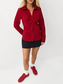 Lunelith SHEIN Lunessa 1 pieza Blusa de oficina/para ir al trabajo ajustada con cuello en V y drapeado en rojo para mujer, camisa de invierno/otoño navideña para mujeres