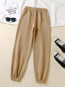 INAWLY 女士纯色简约抽绳运动裤 - 駝色 - 查看 2