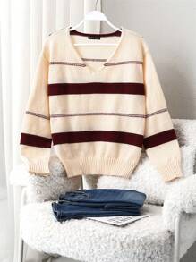 SHEIN LUNE Áo len dài tay nữ phối màu tương phản tối giản, kiểu dáng thường ngày, chất liệu dệt kim, thích hợp cho mùa thu đông. - Màu be - Xem 1