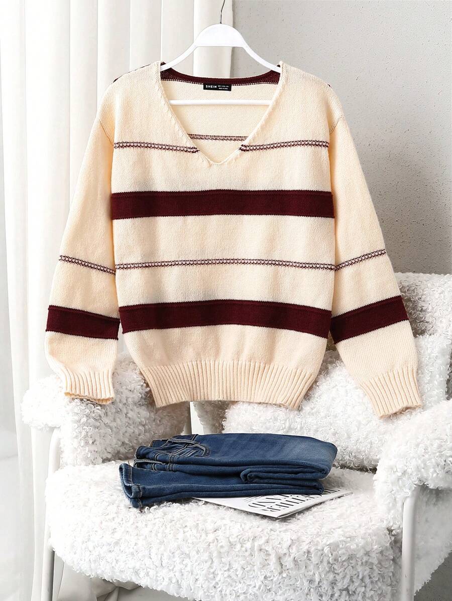 SHEIN LUNE Áo len dài tay nữ phối màu tương phản tối giản, kiểu dáng thường ngày, chất liệu dệt kim, thích hợp cho mùa thu đông. - Màu be - Xem 1