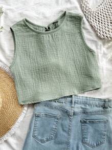 Soleia WYWH Women's Casual Loose Backless Tie Textured Fabric A-Line Tank Top - Green - View 2