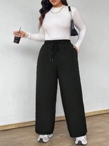Flirla Pantalones holgados de unicolor con cordón en la cintura para tallas grandes - Negro - Ver 7