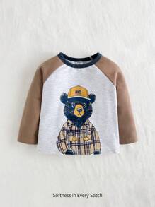 Cozy Pixies Baby Boy Cartoon Bear Pattern Contrast Color Crew Neck Raglan Pullover Sweatshirt, Soft & Comfortable, Suitable For Layering Or Outerwear In Spring, Autumn & Winter