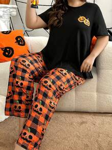 Halloween Pumpkin Plaid Print Short Sleeve Pajama Set - Orange - View 1