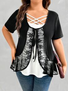 Plus Size Women Summer Floral Lace Patchwork Short Sleeve Casual T-Shirt - Black and White - View 3