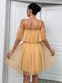 RueChic Mesh Fabric Detail Short Beige Tulle Dress