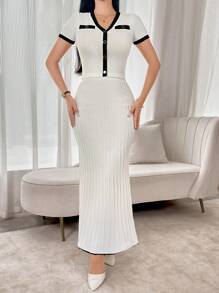 Modelyn 2pcs Women Casual Set: Color Block Button-Up Short Sleeve Blouse & A-Line Skirt - White - View 4