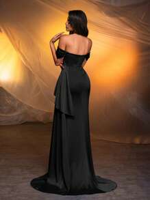 Glamrae Elegant&Luxurious Off-Shoulder Flared Sleeve Beaded Bust Cup Boned Patchwork Ruffled High Slit Fishtail Hem Black Formal Evening Gown For Prom&Wedding - Black - View 2